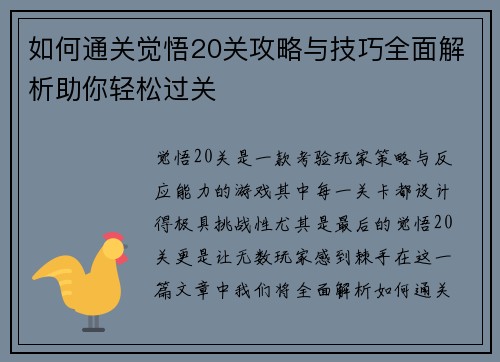如何通关觉悟20关攻略与技巧全面解析助你轻松过关