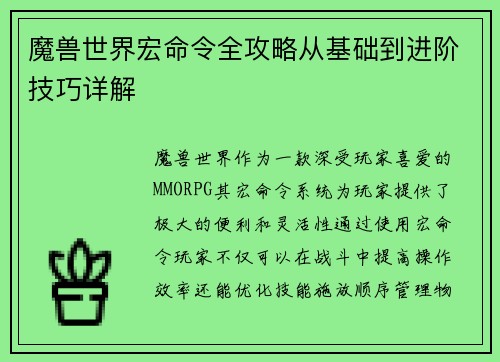 魔兽世界宏命令全攻略从基础到进阶技巧详解 魔兽世界宏命令全攻略从基础到进阶技巧详解
